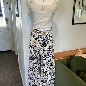 Anthropologie Black and Cream Floral Wide Leg Pants